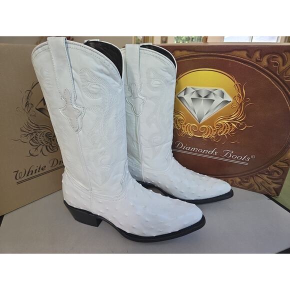 Men’s Genuine Leather Exotic Ostrich Print J-Toe Cowboy Western Boots - White main image 4